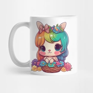 Kawaii Easter Bunny Girl In Basket With Spring Rainbow Flowers Mug